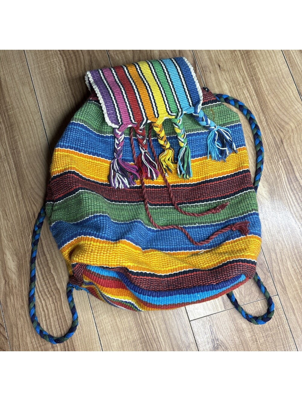 Vibrant Handwoven Mexican Sarape Style Rainbow Drawstring Bo